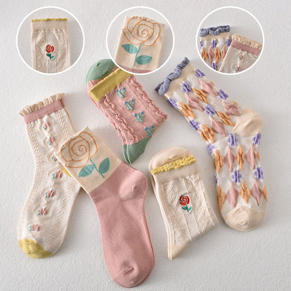 Women's Pink Floral Cotton Socks(5 pairs)