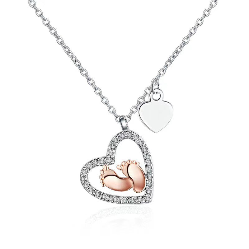 Gift To Mommy - Baby Feet Heart Pendant S925 Sterling Silver Necklace