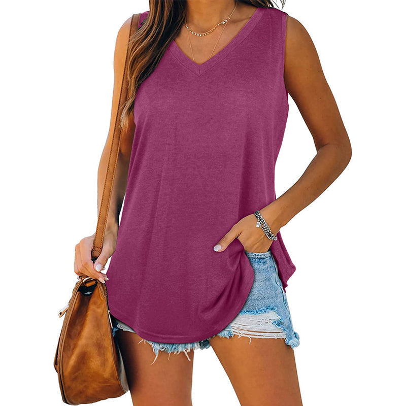 V-neck Swallow Tail Sleeveless Solid Color Vest T-shirt for Women